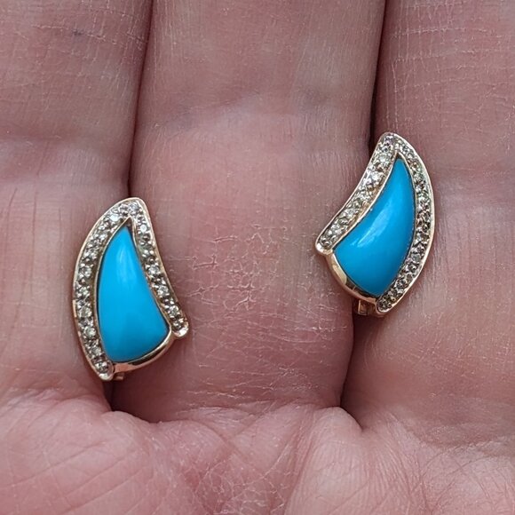 Russian Solid 14K 585 Rose Pink Gold Turquoise White Paste Stones EARRINGS - Picture 7 of 7